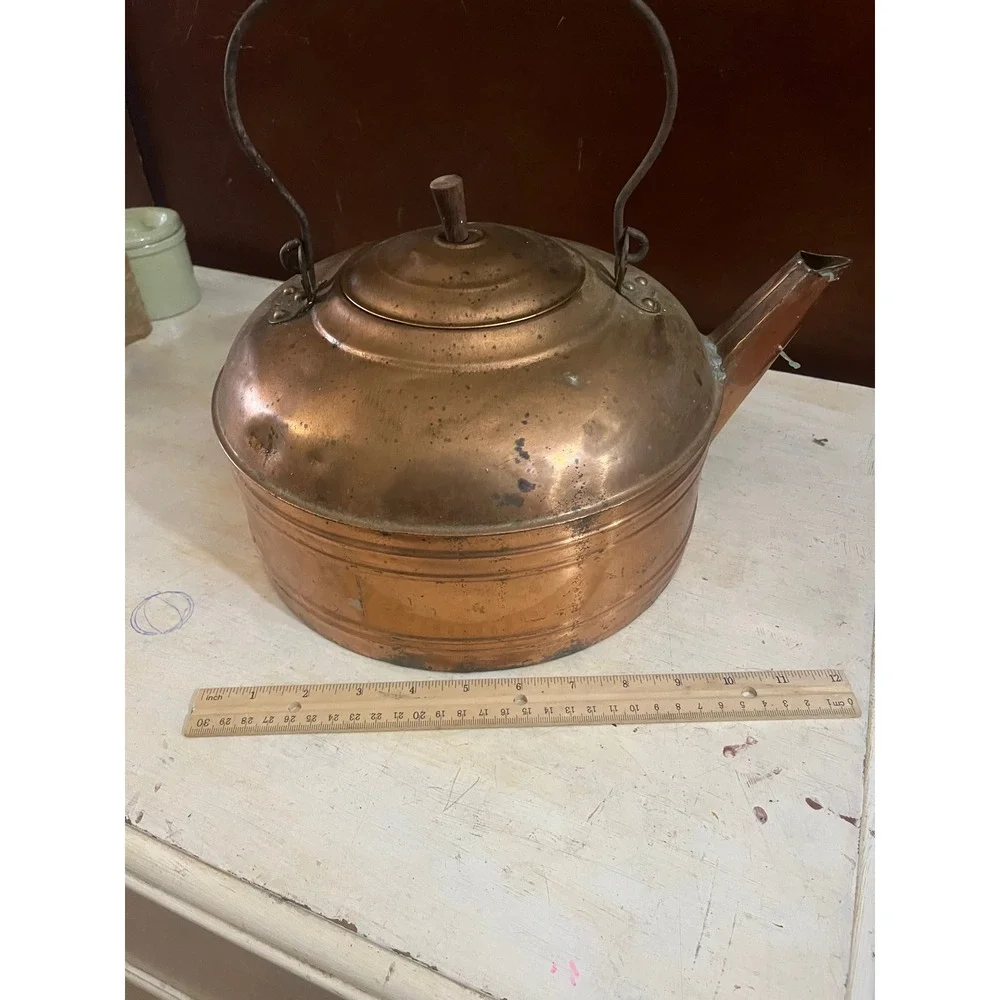Antique Copper Tea Kettle Primitive Farmhouse Stovetop Pot‎ with Wood Handle 8in